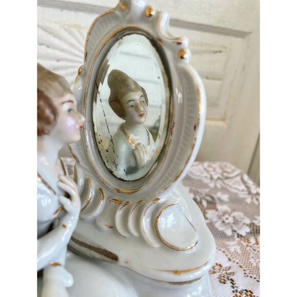 Antique 1940s Porcelain Lady Mirror Fairing/Powder.Trinket box - Picture 3 of 16